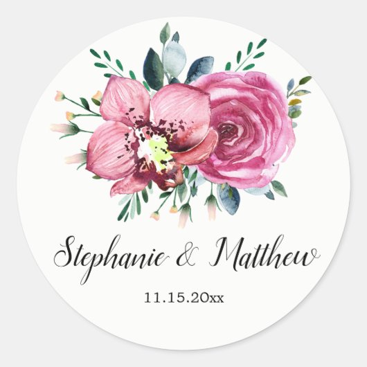 Roze Rozen Orchideeën Bloemen Waterverf Bruiloft Ronde Sticker (Voorkant)