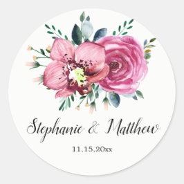 Roze Rozen Orchideeën Bloemen Waterverf Bruiloft Ronde Sticker