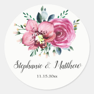 Roze Rozen Orchideeën Bloemen Waterverf Bruiloft Ronde Sticker