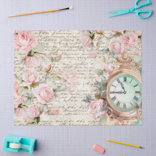 roze rozen oude letter klok decoupage tissuepapier (Craft)