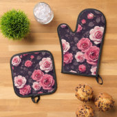 Roze Rozen Ovenwant & Pannenlap Set (Top down)