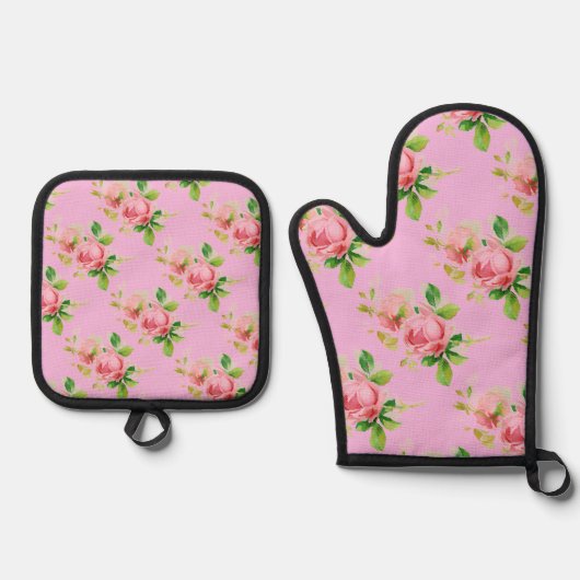 Roze  rozen ovenwant & pannenlap set (Voorkant)