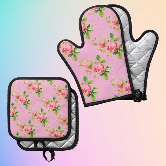 Roze rozen ovenwant & pannenlap set