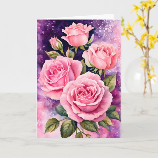 Roze Rozen Paarse achtergrond Verjaardag Kaart (Gele Bloem)
