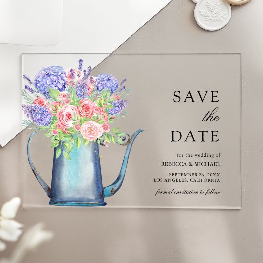 Roze Rozen Paarse Hydrangea Wedding Save the Date Acryl Uitnodigingen