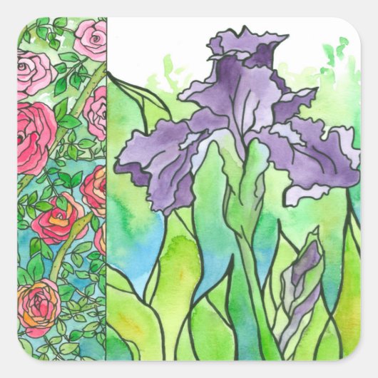 Roze Rozen Paarse Iris Waterverf Vierkante Sticker (Voorkant)