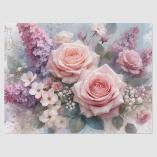 Roze Rozen Paarse Lilacs Waterverf Decoupage Tissuepapier (Voorkant)