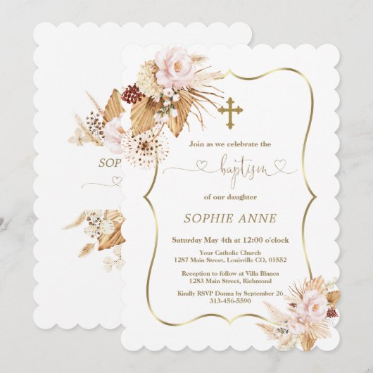 Roze Rozen Pampas Gras Palm Gold Meisje Dopen Kaart (Voorkant / Achterkant)