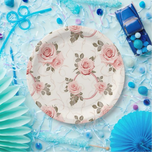 Roze Rozen Papieren Borden met Blos Papieren Bordje (Feest)