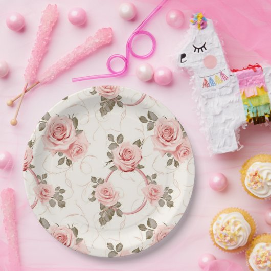 Roze Rozen Papieren Borden met Blos Papieren Bordje (Feest)
