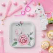 Roze rozen papieren bordje (Feest)