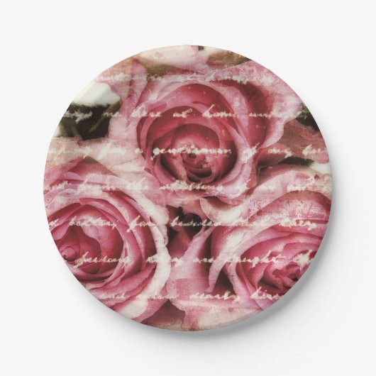 roze rozen papieren bordje (Voorkant)