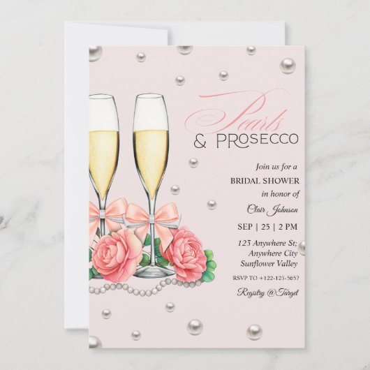 Roze Rozen Parels en Prosecco Bruidsfeest Kaart (Voorkant)