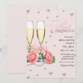 Roze Rozen Parels en Prosecco Bruidsfeest Kaart (Voorkant / Achterkant)