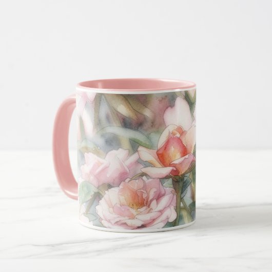 Roze Rozen Pastel Aquarel Kunstmokkop Mok (Voorkant links)