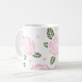 Roze Rozen Patroon met groene bladeren en harten Koffiemok (Voorkant links)