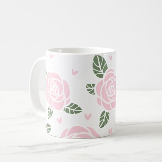 Roze Rozen Patroon met groene bladeren en harten Koffiemok (Voorkant links)