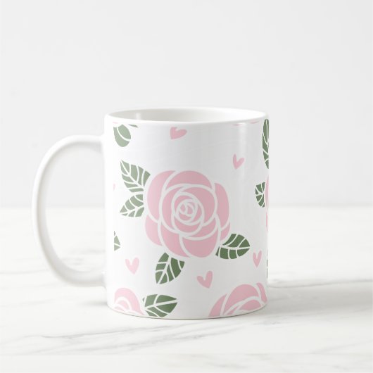 Roze Rozen Patroon met groene bladeren en harten Koffiemok (Links)