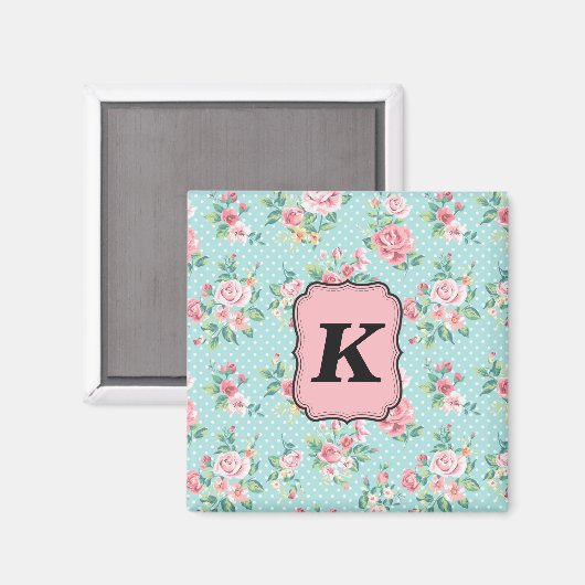 Roze  Rozen patroon met monogram Magneet (Voorkant / Achterkant)