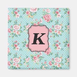 Roze  Rozen patroon met monogram Magneet