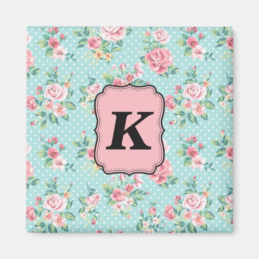 Roze Rozen patroon met monogram Magneet (Voorkant)