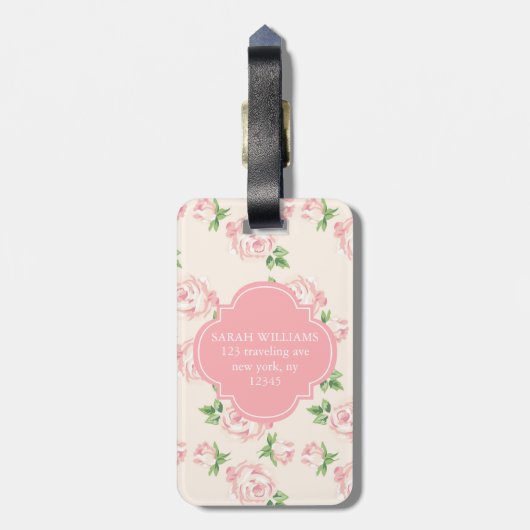 Roze Rozen Patroon Monogrammen Bagagelabel (Achterkant verticaal)