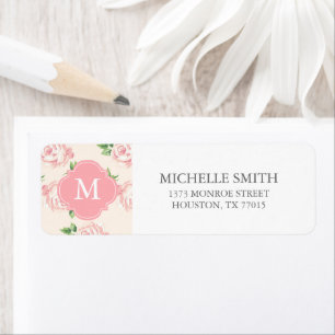Roze Rozen Patroon Monogrammen Etiket