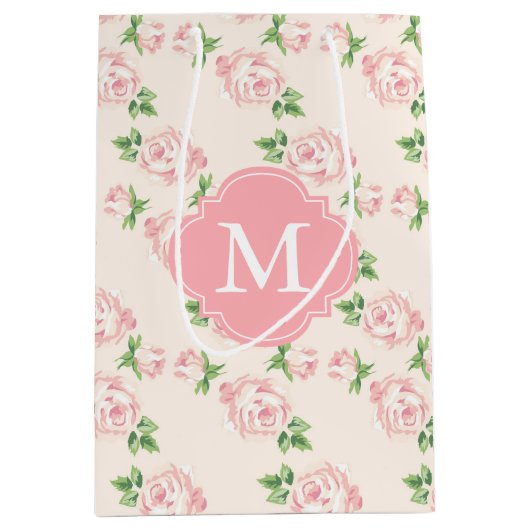 Roze  Rozen Patroon Monogrammen Medium Cadeauzakje (Voorkant)