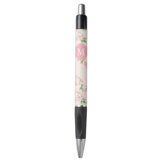 Roze  Rozen Patroon Monogrammen Pen (Voorkant Verticaal)