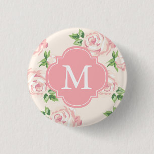 Roze  Rozen Patroon Monogrammen Ronde Button 3,2 Cm