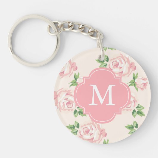 Roze  Rozen Patroon Monogrammen Sleutelhanger (Voorkant)