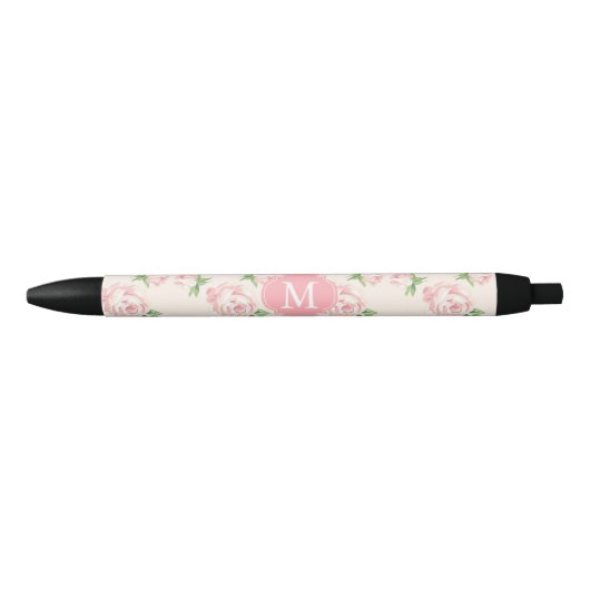 Roze  Rozen Patroon Monogrammen Zwarte Inkt Pen (Voorkant)