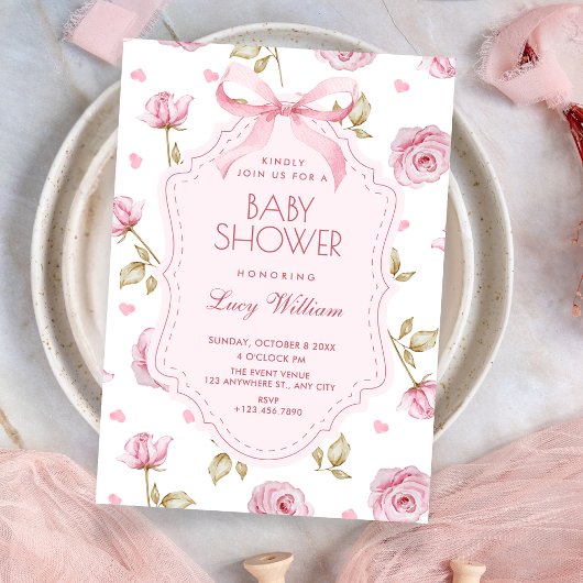 Roze rozen patroon strik baby shower kaart