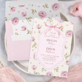Roze rozen patroon strik bruiloft kaart