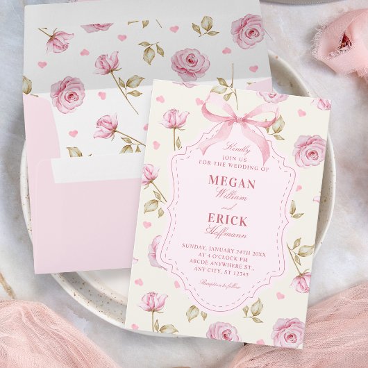 Roze rozen patroon strik bruiloft kaart
