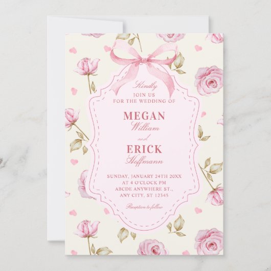 Roze rozen patroon strik bruiloft kaart (Voorkant)