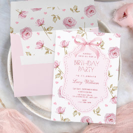 Roze rozen patroon strik verjaardag kaart