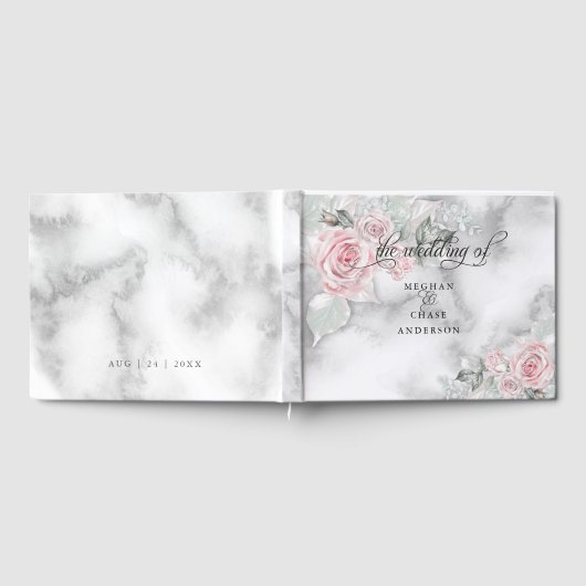 Roze rozen Pewter Waterverf BarefootBride™ Gastenboek (Volledig)
