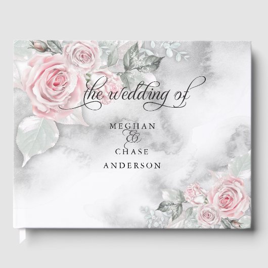 Roze rozen Pewter Waterverf BarefootBride™ Gastenboek (Voorkant)