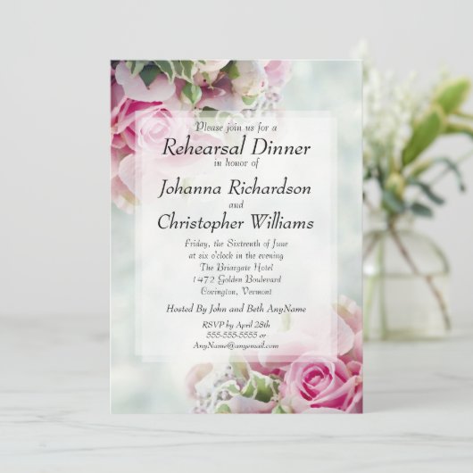 Roze rozen & pioenrozen chic huwelijksrepetitie di kaart (Staand voorkant)