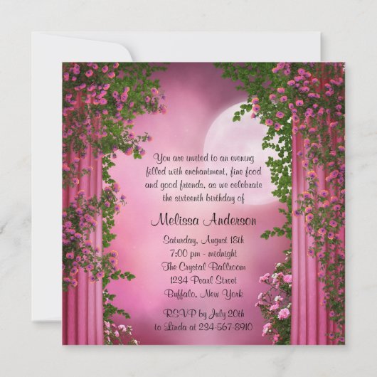 Roze Rozen Prinses Sweet 16 Verjaardagsfeest Kaart (Achterkant)