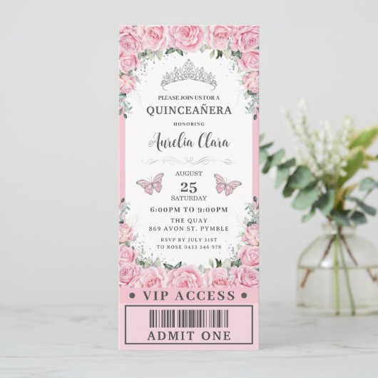 Roze Rozen Quinceañera Sweet 16 VIP Ticket Kaart (Staand voorkant)
