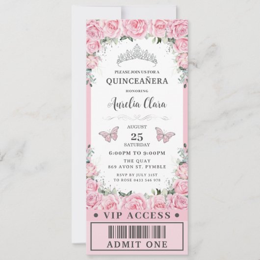 Roze Rozen Quinceañera Sweet 16 VIP Ticket Kaart (Voorkant)