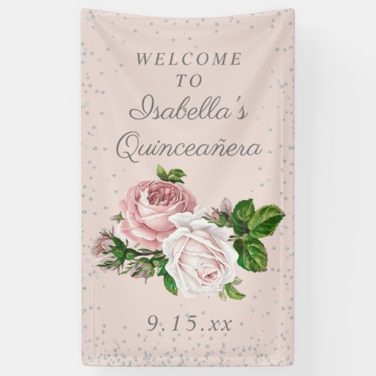 Roze  Rozen Quinceañera Welkom Spandoek (Verticaal)