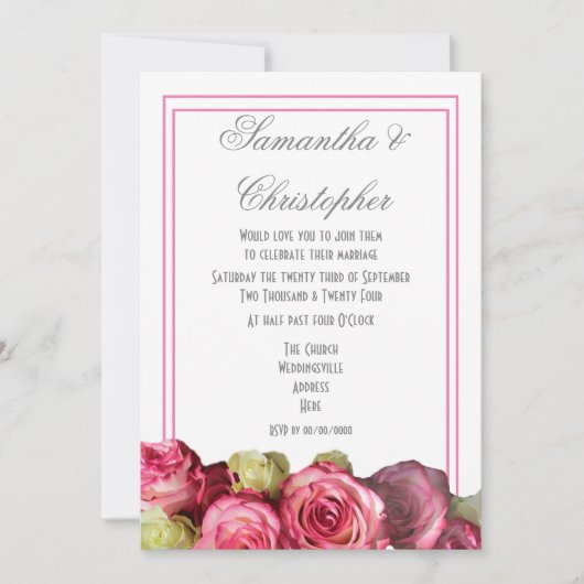 Roze rozen rand bloemenbruiloft kaart (Voorkant)