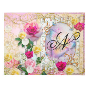 Roze Rozen Regenboog Vlinder Goud Decor Monogram Notitieblok