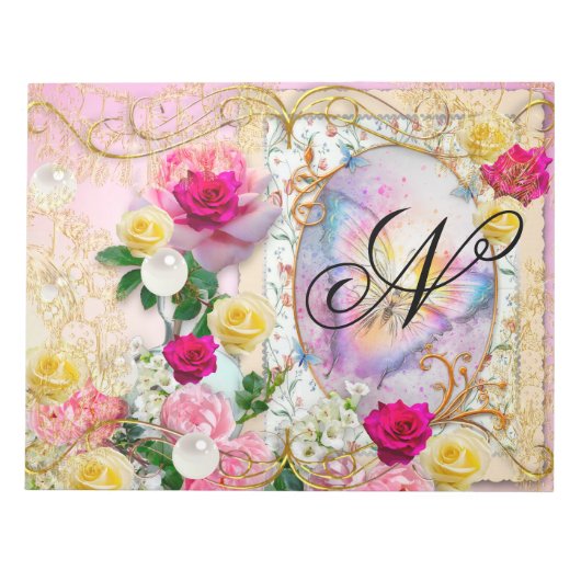 Roze Rozen Regenboog Vlinder Goud Decor Monogram Notitieblok (Voorkant)