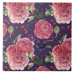 Roze Rozen Romantisch op Paars Patroon Tegeltje