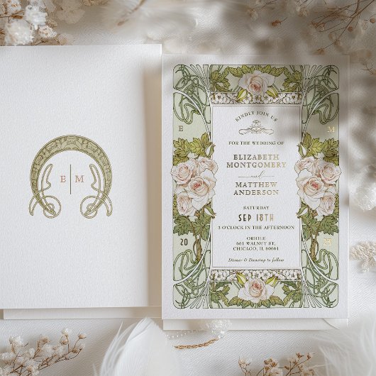 Roze Rozen Romantische Art Nouveau Bruiloft Folie Uitnodiging
