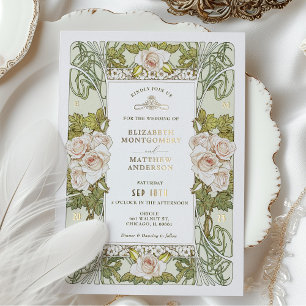 Roze Rozen Romantische Art Nouveau Huwelijk Folie Uitnodiging